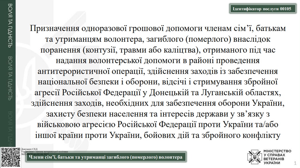 Призначення одноразової грошової допомоги членам сім’ї, батькам та утриманцям волонтера, загиблого (померлого) внаслідок поранення (контузії, травми або каліцтва), отриманого під час надання волонтерської допомоги в районі проведення бойових дій